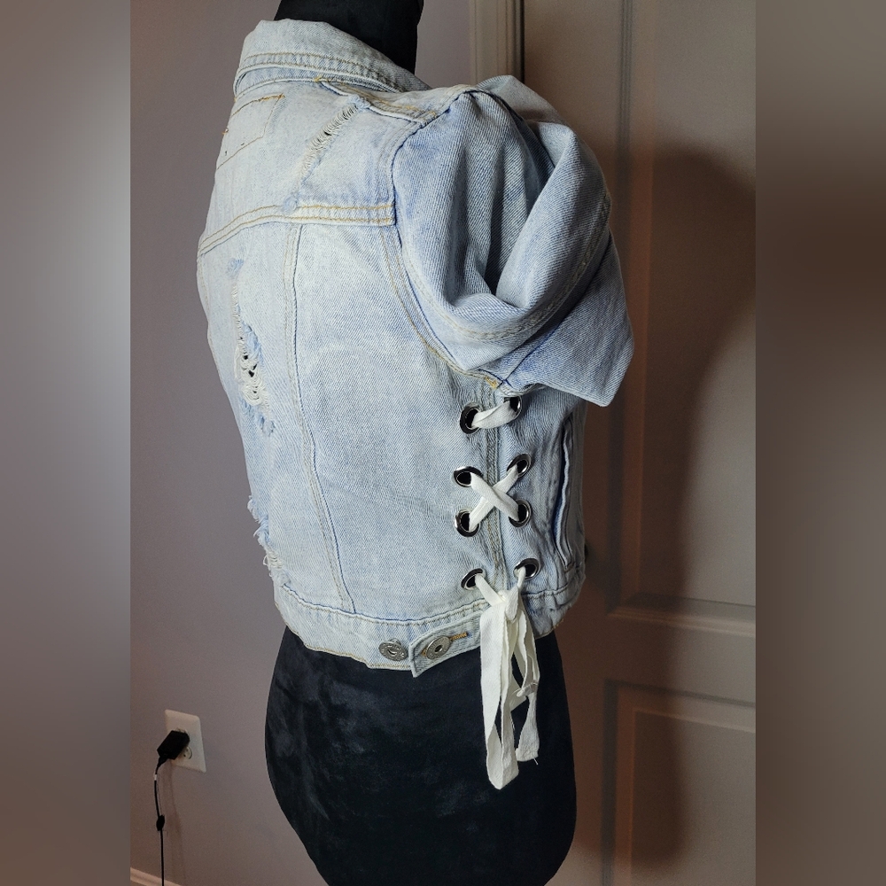 POL Light Blue Distressed Jean Jacket With Side Tie Up. Sz M. NWOT *Callout - Picture 3 of 8